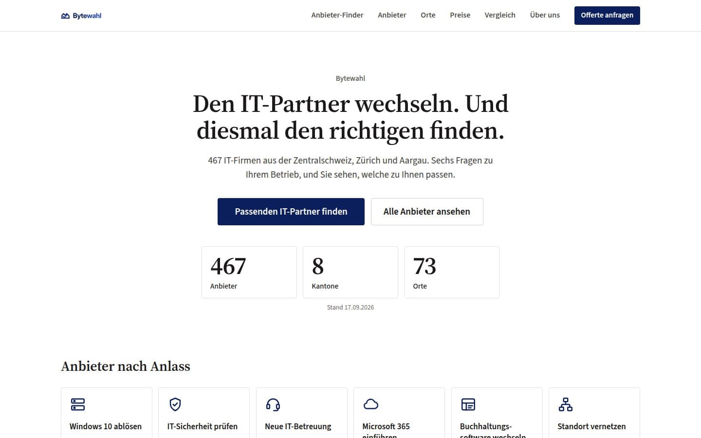 Bytewahl-Startseite mit der Überschrift Den IT-Partner wechseln. Und diesmal den richtigen finden.