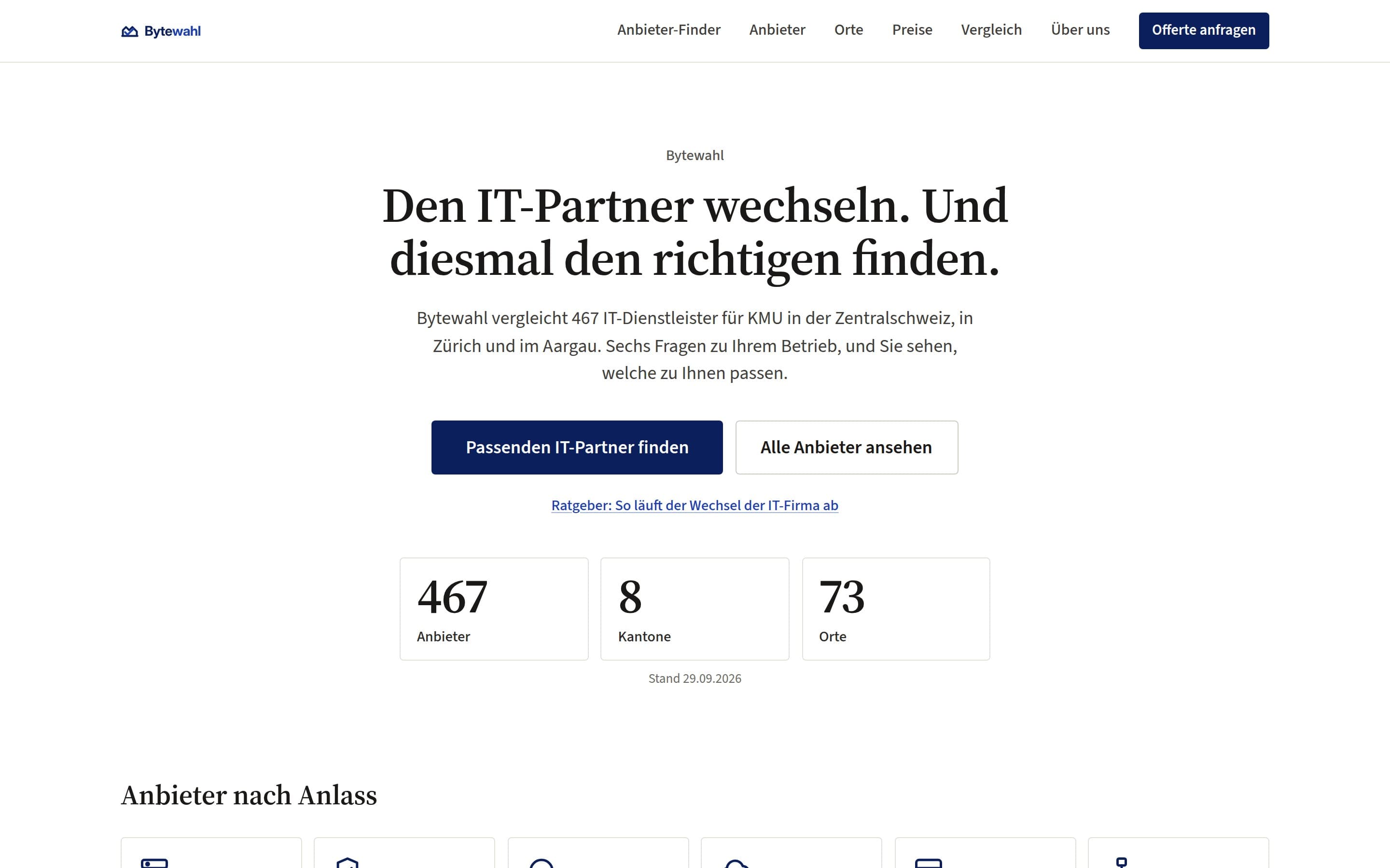 Startseite von bytewahl.ch mit der Schlagzeile «Den IT-Partner wechseln. Und diesmal den richtigen finden.»