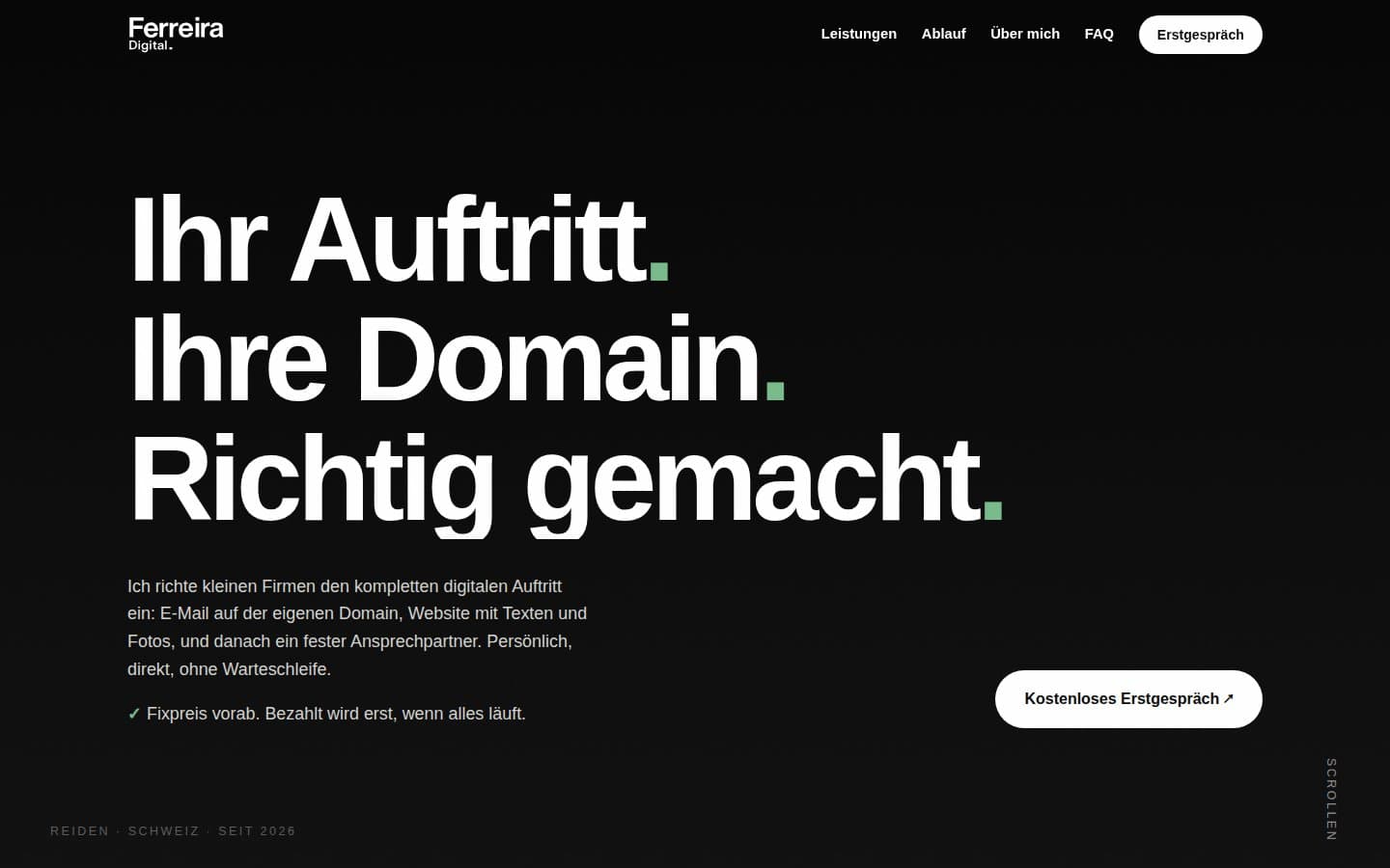 Startseite von Ferreira Digital mit der Überschrift Ihr Auftritt. Ihre Domain. Richtig gemacht.