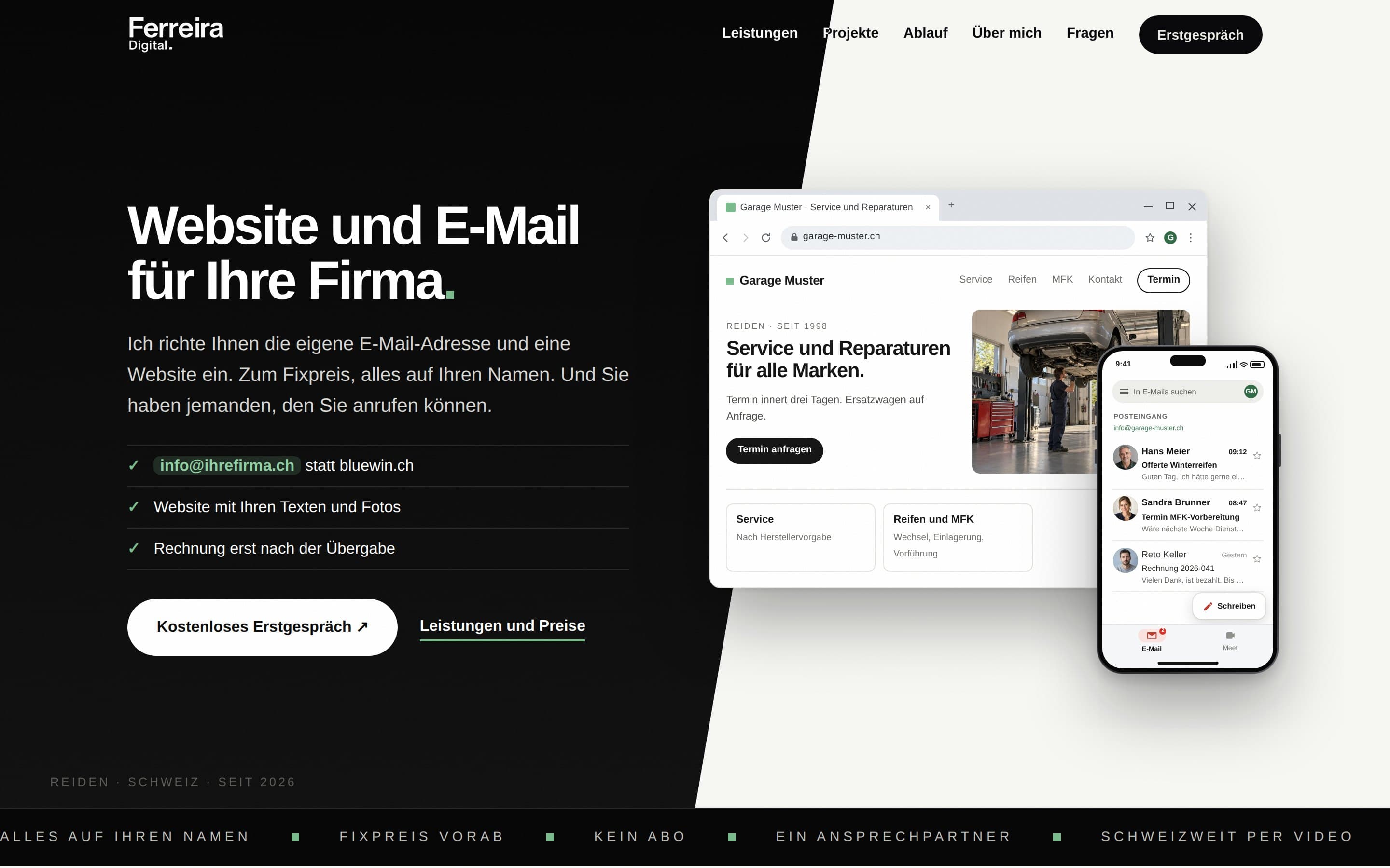 Startseite von ferreiradigital.ch mit der Schlagzeile «Website und E-Mail für Ihre Firma.»