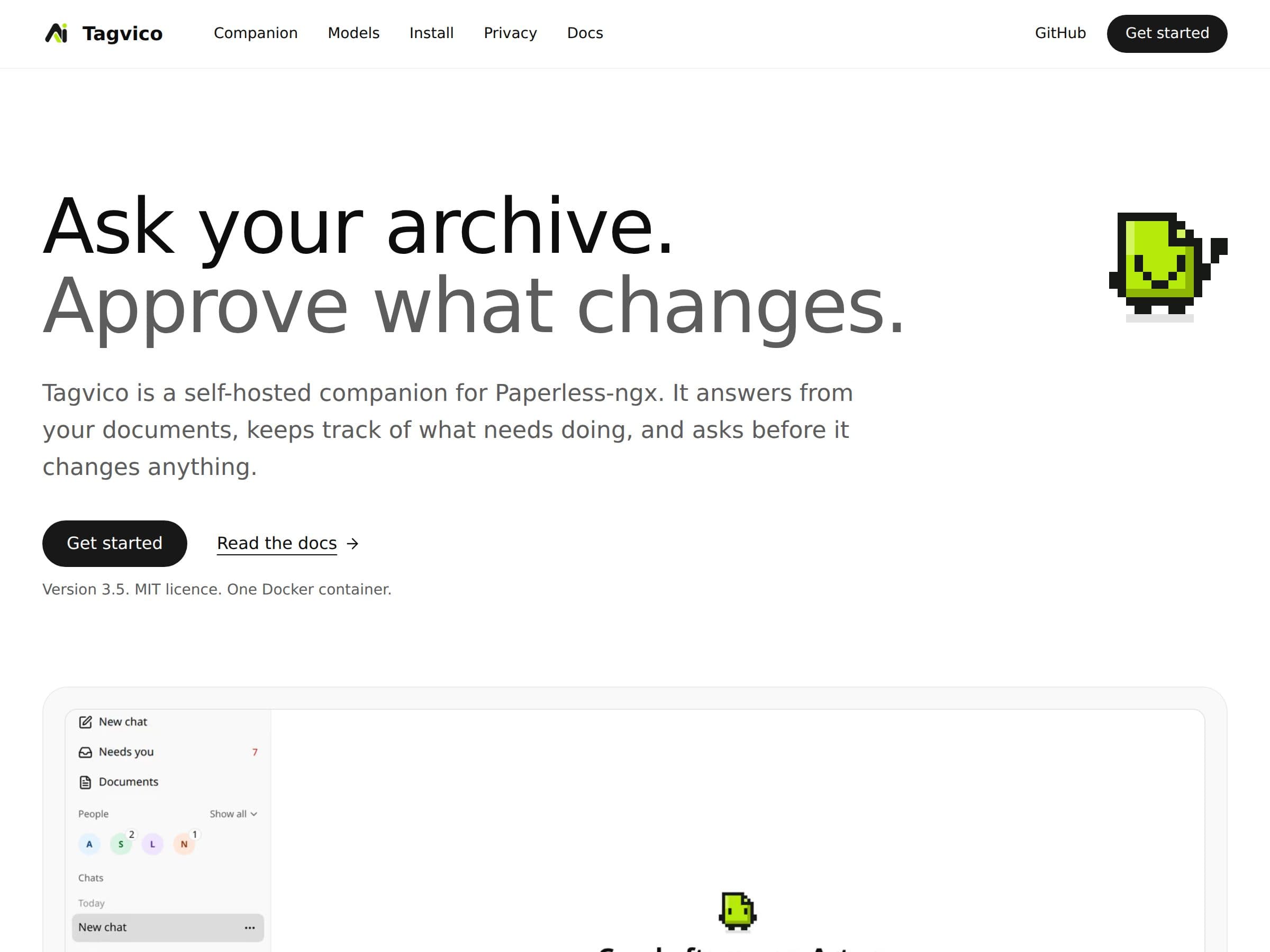 Startseite von Tagvico mit der Schlagzeile «Ask your archive. Approve what changes.»