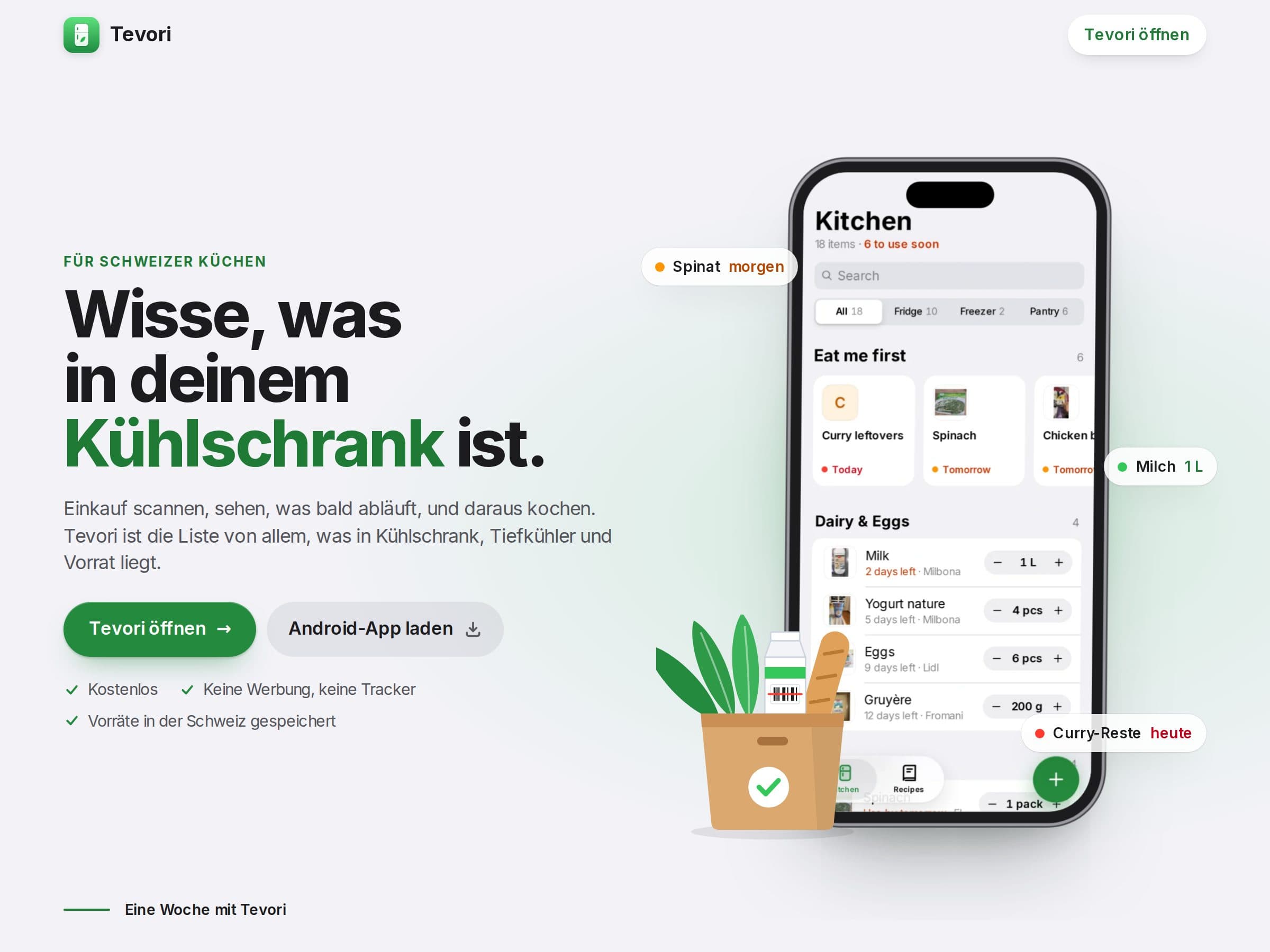 Startseite von tevori.app mit der Schlagzeile «Wisse, was in deinem Kühlschrank ist.» und der Küchenansicht der App